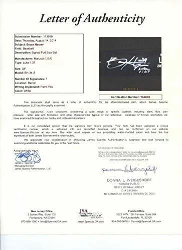 Sports-Autographs Bryce Harper Philadelphia Phillies Autographed Game Model Marucci Black Bat JSA Letter COA - Image 3