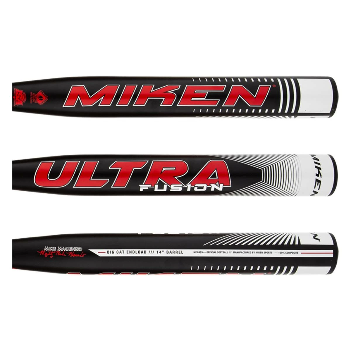 Miken Ultra Fusion 14" Mike Macenko Big Cat Endload Senior Slow Pitch Softball Bat: MFN4SS Black, White, Red - High Quality - BaseBall Bat Gear Shop